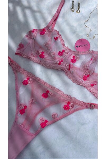 Niket Life Set sutien cu sârmă brodat cu flori PUDRA