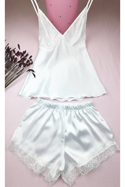 Miss Merveille Silk Satin Women's Shorts Undershirt Set - White Lace Detail 8...
