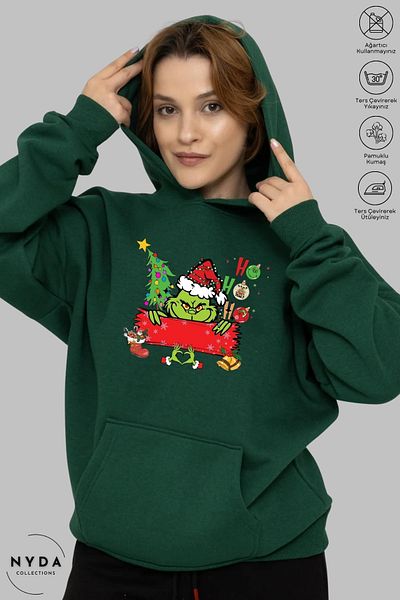 Nyda Collections Φούτερ με κουκούλα Heart Grinch New Year Printed Unisex - Μακρυμάνικο, Oversize βαμβακερό