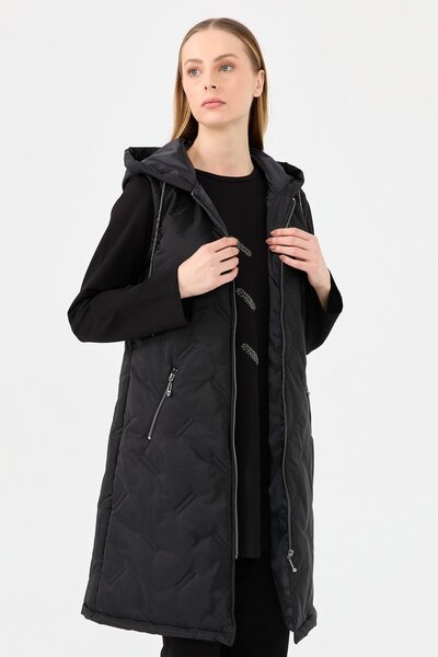 Esswaap Puffer Yelekli Taş İşlemeli Üçlü Takım Siyah