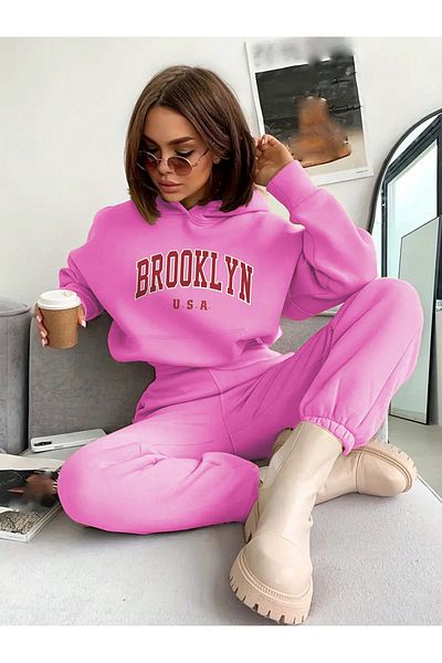 MODARİCH Σετ αθλητικών φόρμες Brooklyn USA με ροζ στάμπα με κουκούλα