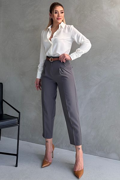Maude Women's Officer Cut Slim Leg Pleated Belted Seasonal Anthracite Gray Fabric Trousers