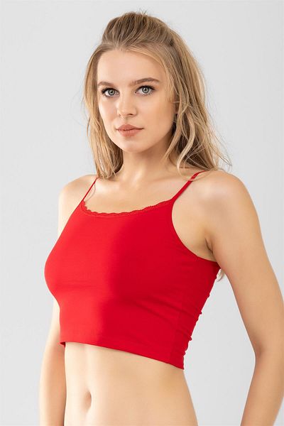 BAYKAR Thin Rope Strap Cotton Lace Collar Crop Undershirt Red