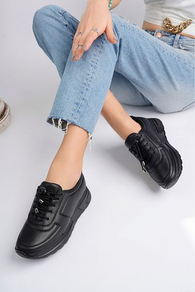 Deripabuc Genuine Leather Black Women's Leather Sneaker Shoes Dp79-0208