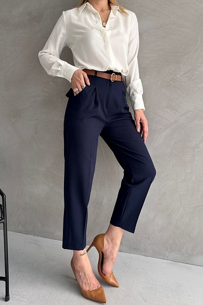 Maude Women's Officer Cut Slim Leg Pleated Belted Seasonal Navy Blue Fabric Trousers