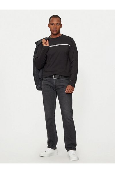 Calvin Klein Men's Regular Fit Cotton Round Neck Front Stripe Logo Printed Long Sleeve Black T-Shirt K10K 114343 -B