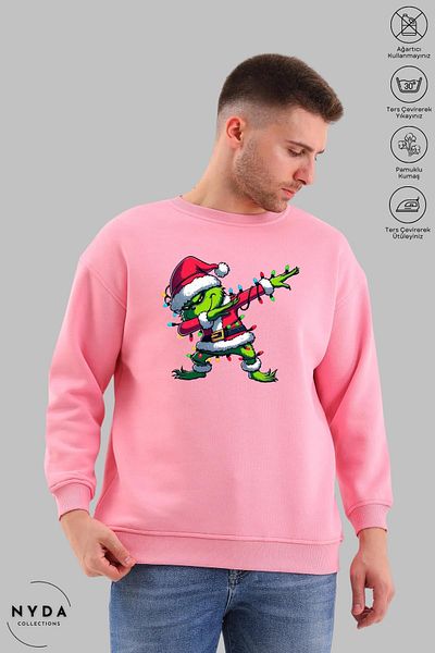 Nyda Collections Unisex μακρυμάνικο Grinch Πρωτοχρονιάτικο Φούτερ με στάμπα με λαιμόκοψη χωρίς κουκούλα
