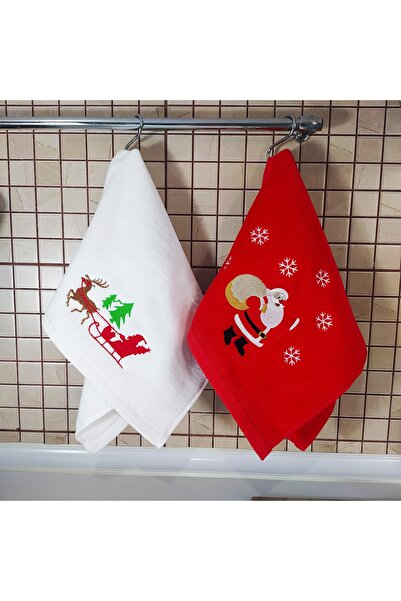 Butik Yılbaşı Temalı Noel Baba Nakış İşlemeli Hediyelik 2li Mutfak Havlu Seti
