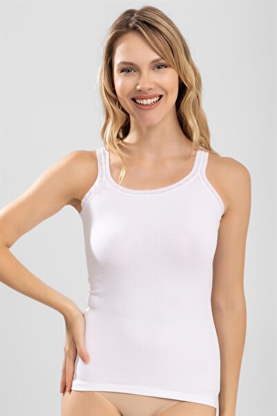 BAYKAR قميص داخلي نسائي من القطن بياقة أشرطة ودانتيل من القطن الممشط باللون الأبيض