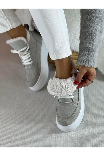 SHOEMARK Moa Gray Furry Women's Lace Up Boots