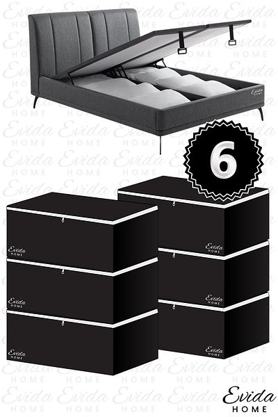 Evida 6 Pieces of Black Zippered under Bed Base - 60*40*22 - Duvet, Clothing, Seasonware Storage Organizer