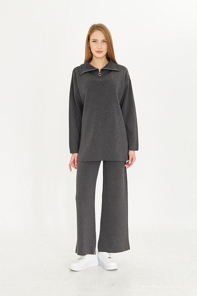 Irmak Kerekli Women's Anthracite Oversize Zippered Knitwear Bottom Top Set 1805