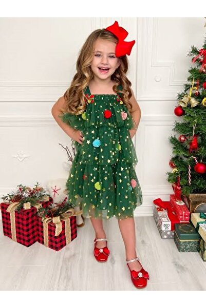Petityu Kız Çocuk Ponponlu Yeşil 1-2 Yaş Yılbaşı Elbisesi