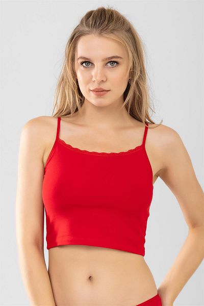 BAYKAR Thin Rope Strap Cotton Lace Collar Crop Undershirt Red