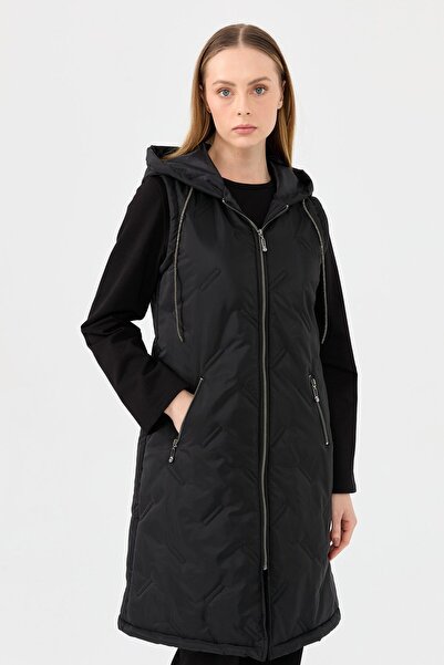 Esswaap Puffer Yelekli Taş İşlemeli Üçlü Takım Siyah