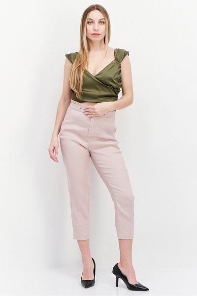 love-other-things Women Surplice Neck Sleeveless Plain Crop Top, Olive