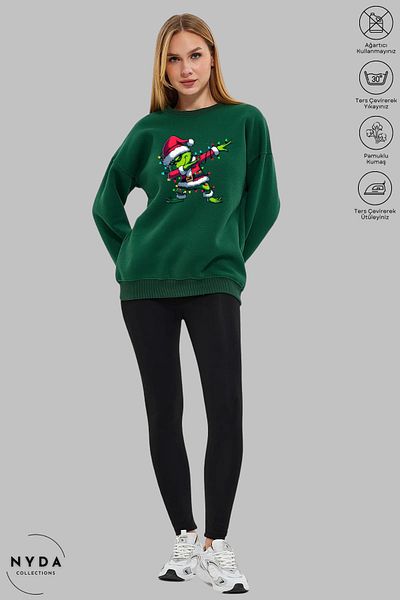 Nyda Collections Unisex μακρυμάνικο Grinch Πρωτοχρονιάτικο Φούτερ με στάμπα με λαιμόκοψη χωρίς κουκούλα