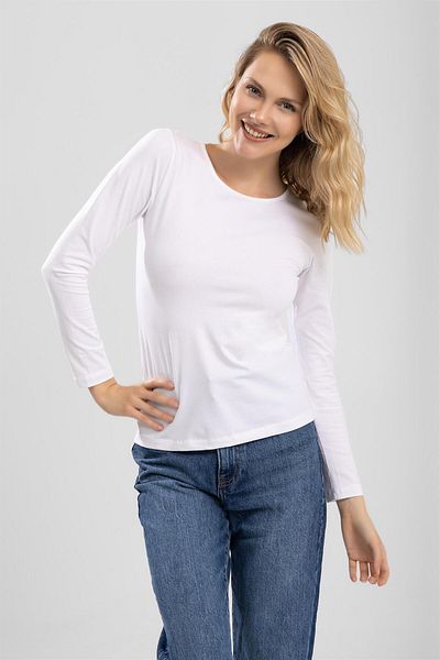 BAYKAR Women's Cotton Crew Neck Long Sleeve Combed Cotton Basic Body White