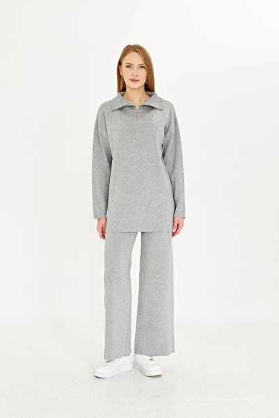 Irmak Kerekli طقم تريكو نسائي رمادي كبير الحجم بسحاب علوي 1805