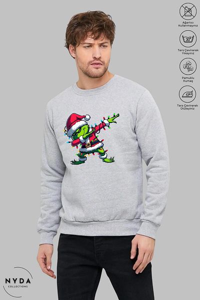 Nyda Collections Unisex μακρυμάνικο Grinch Πρωτοχρονιάτικο Φούτερ με στάμπα με λαιμόκοψη χωρίς κουκούλα