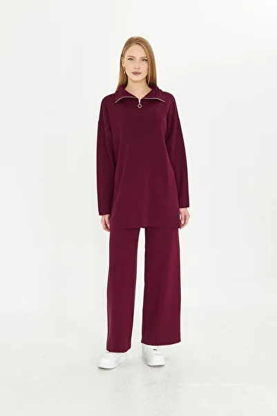 Irmak Kerekli Burgundy Oversize Knitwear Set - Zippered Women's Bottom Top Set 1805
