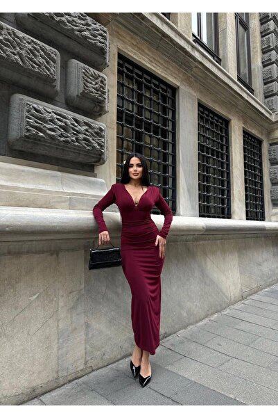 GENKO MODA Kadın Zr Model Dekolte Vatkalı Sandy Uzun Elbise