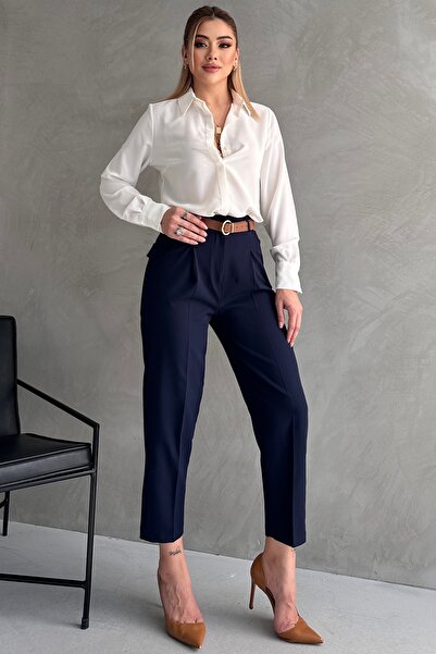 Maude Жіночі брюки з вузькими штанинами, з поясом, з плісировкою, з синьою тканиною, сезонні