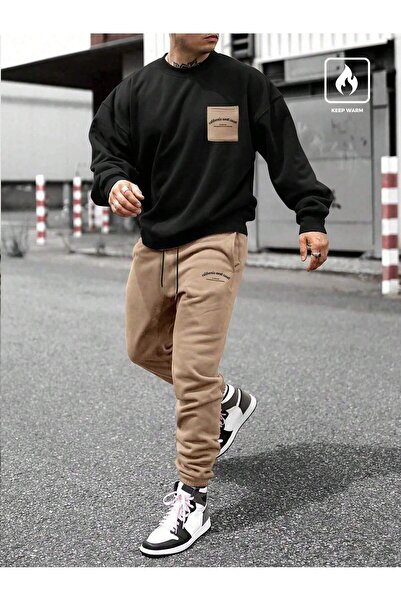 coolart 3 İplik California Pocket Sweatshirt Φούτερ Jogger - Μαύρο μπεζ με στ...