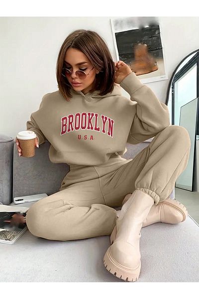 MODARİCH Σετ φούτερ με κουκούλα Brooklyn USA Beige - Oversize Rubber Leg