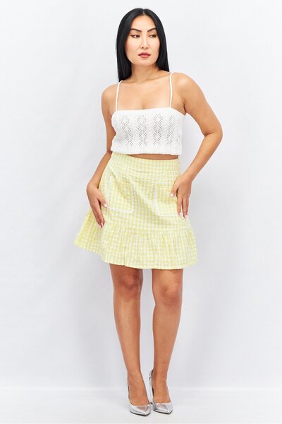 Neon Rose Women Gingham Print Flippy Mini Skirt, Yellow