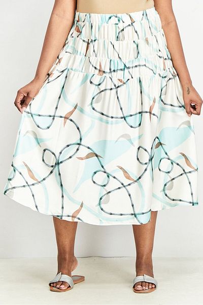 Asos Design Women Curve Fit Pull On Printed Midi Skirt, Ivory Combo