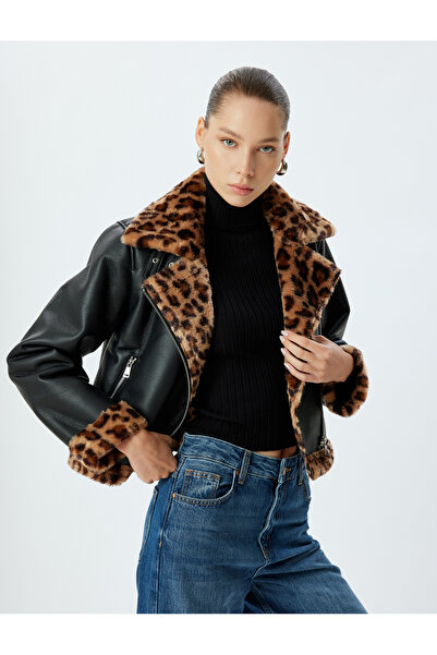 Koton Μπουφάν Biker με φερμουάρ από ψεύτικο λεοπάρ γιακά