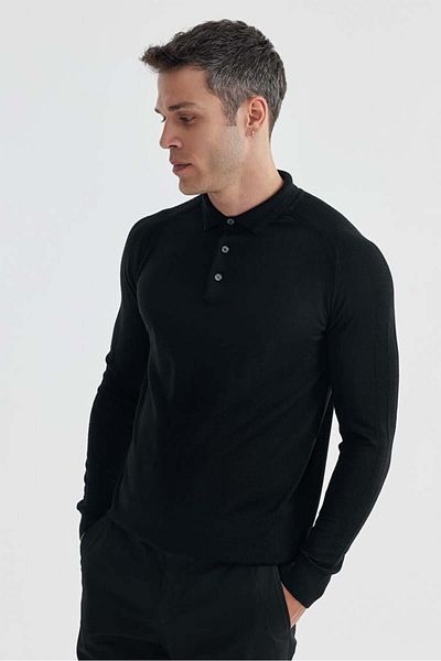 Jakamen Черен вълнен пуловер с поло яка Slim Fit