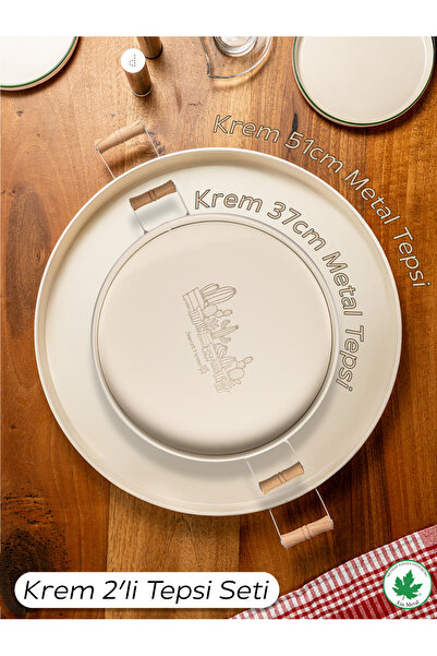 linmetal 2 li Ahşap Kulplu 51 cm Metal Tepsi ve 37 cm Metal Tepsi Çay Kahve Sunum Tepsisi