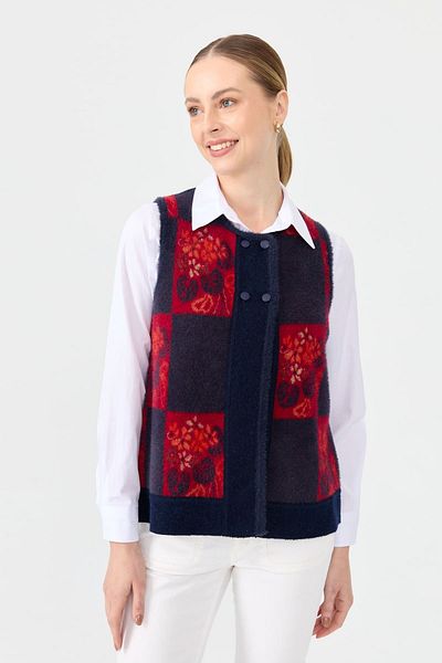 Desen Triko Vestă de lână pentru femei albastru bleumarin - decolteu, patchwork cu pâslă la spate, vestă scurtă