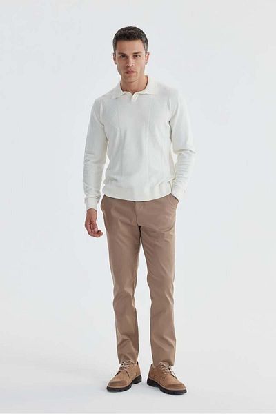 Jakamen Πλεκτό πόλο με μοτίβο Ecru Slim Fit μαλλί κασμίρ