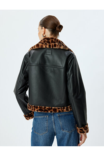Koton Μπουφάν Biker με φερμουάρ από ψεύτικο λεοπάρ γιακά