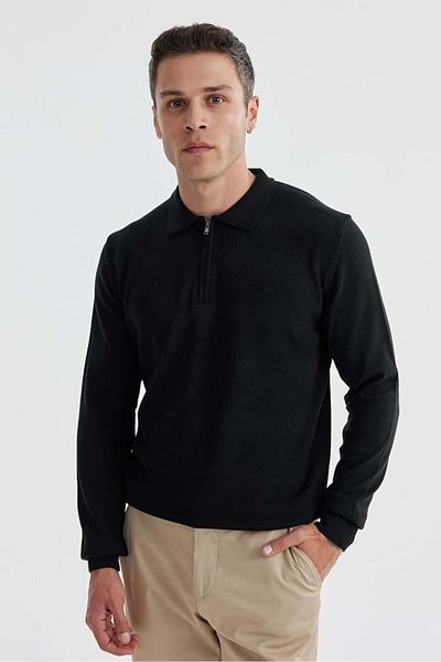 Jakamen Черен, слим крой, памучен, с шарки, цип и поло яка