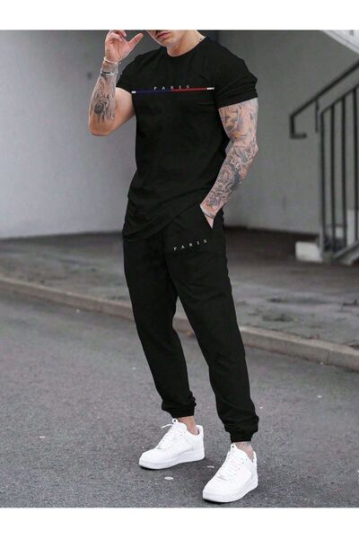 Frisson Paris Stripe T-Shirt Φούτερ Jogger - Μαύρο Σετ Φούτερ με Στάμπα και Λ...