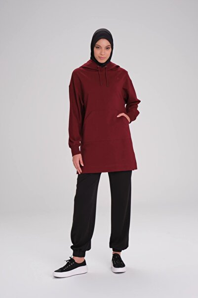 Haşema Yumuşak Dokulu Kapüşonlu Bordo Basic Günlük Sweatshirt Act-21