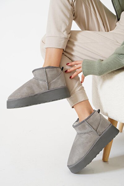 Moda Pie Poofy Kalın Taban İçi Kürklü Kadın Bot Gri Süet