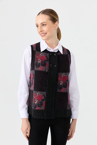 Desen Triko Vestă neagră de lână pentru femei - decolteu, mozaic, scurtă pe spate