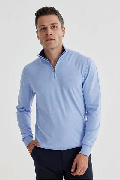 Jakamen Pulover albastru slim fit cu fermoar cu guler vertical