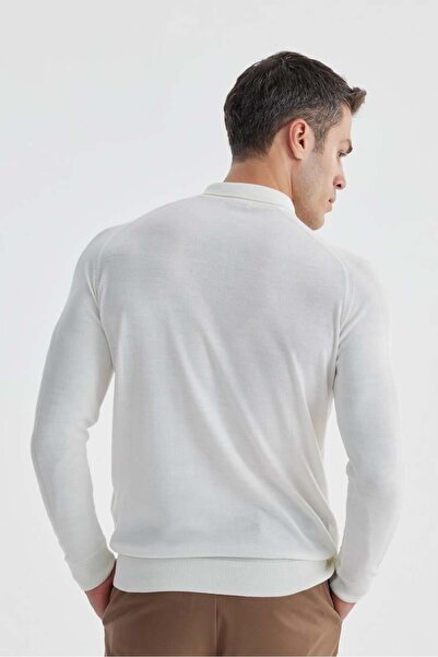 Jakamen Ekru Slim Fit Yünlü Desenli Polo Yaka Triko