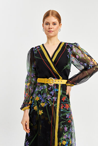 İnce Kruvaze yaka Desenli Şifon Elbise