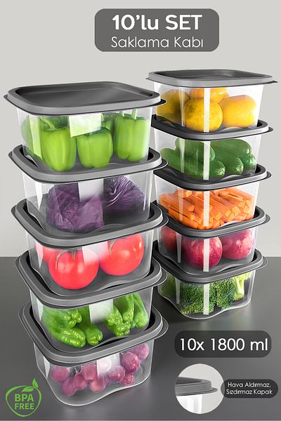 Meleni Home 10 Pcs Square Food Storage Container - Microwave Deep Freezer Storage Container 1800ml Anthracite