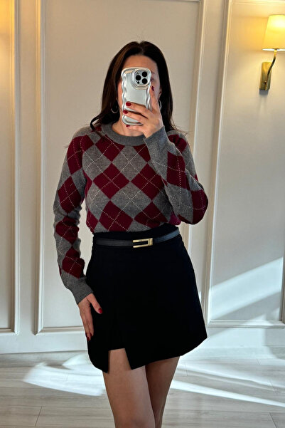 MrvModa Pulover cu model Argyle Gri/Roșu Claret