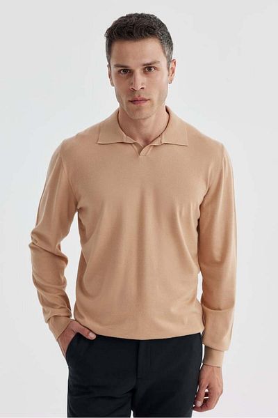 Jakamen Μπεζ Slim Fit Polo Neck Πλεκτό Πουλόβερ