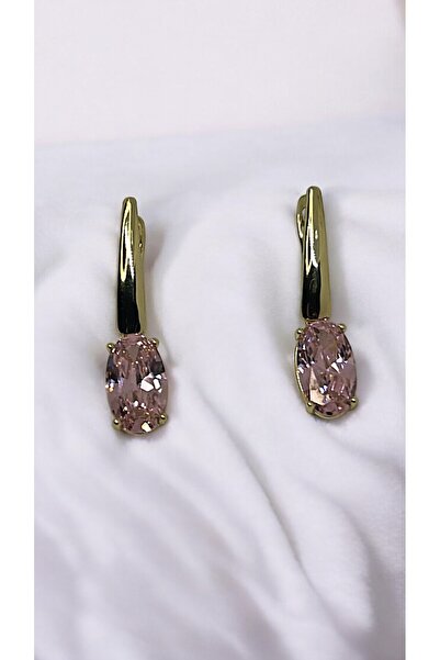 By Semra Xupıng Jewelry Kristal Pembe Zirkon Taşlı Özel Tasarım Gold Çelik Şık Küpe