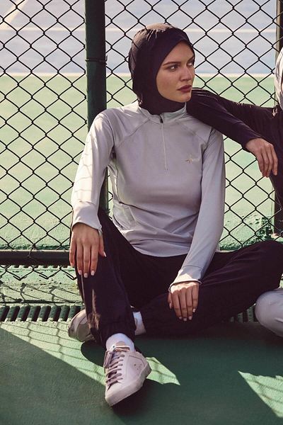 Haşema Tricou de antrenament Hijab activ H-Per gri - cu buzunare, mânecă lungă, guler cu fermoar ACT-7